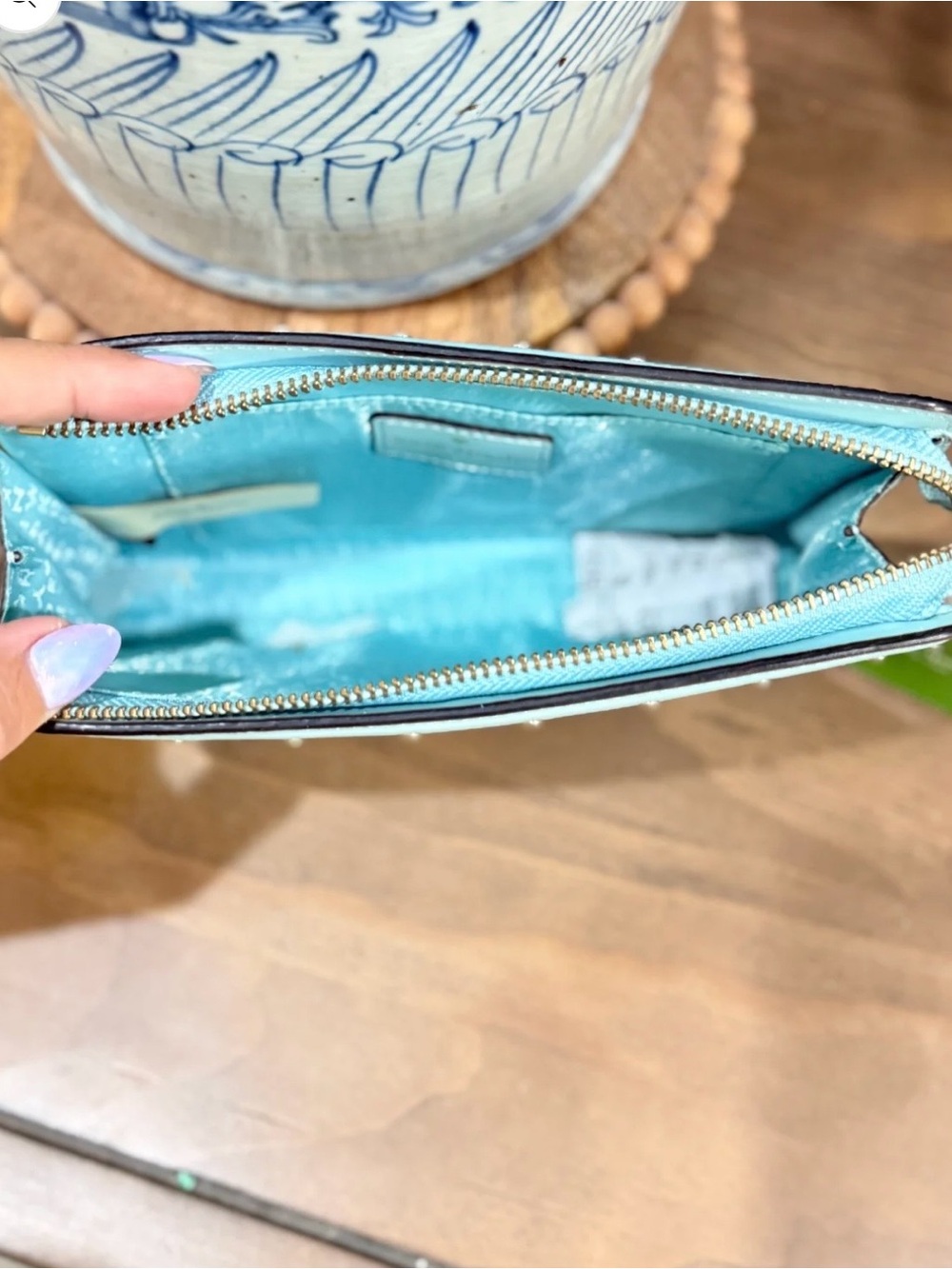 kate spade Mint Leather Studded Wristlet with Gold Plaque - Picture 2 of 2